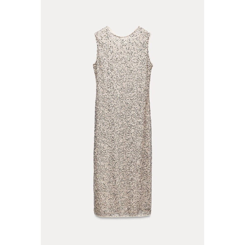 Zara Woman Full Sequin Midi Dress Sleeveless Sheath Silver on Chiffon X-Small